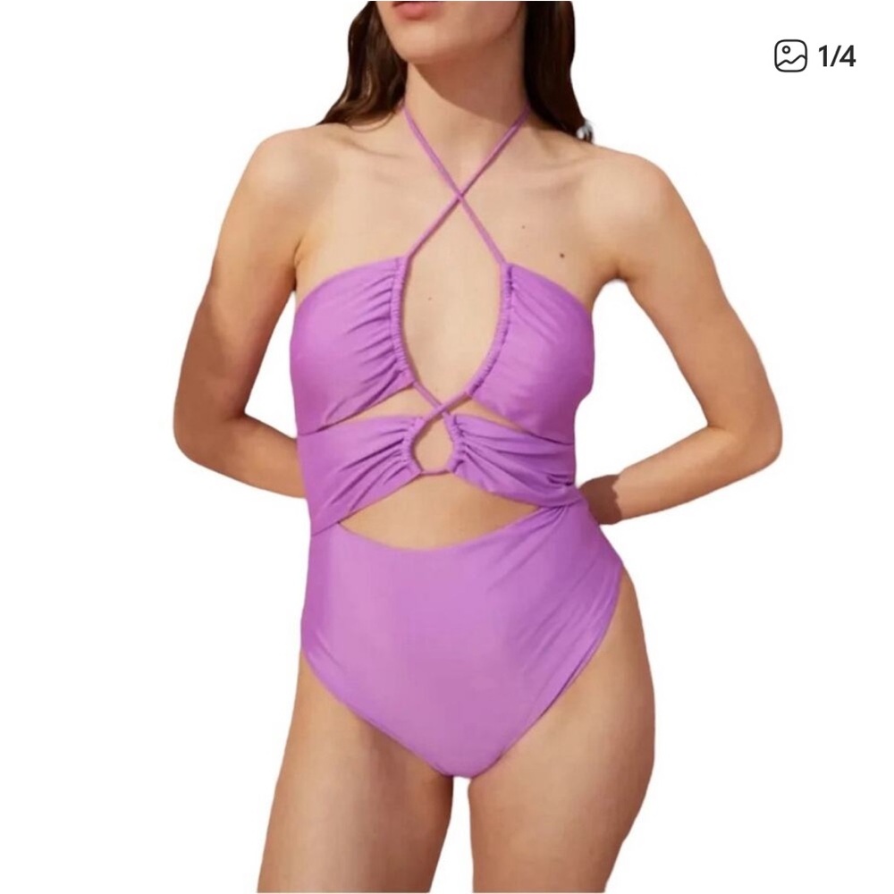 H&M high-leg cut-out swimsuit in purple - Picture 2 of 7